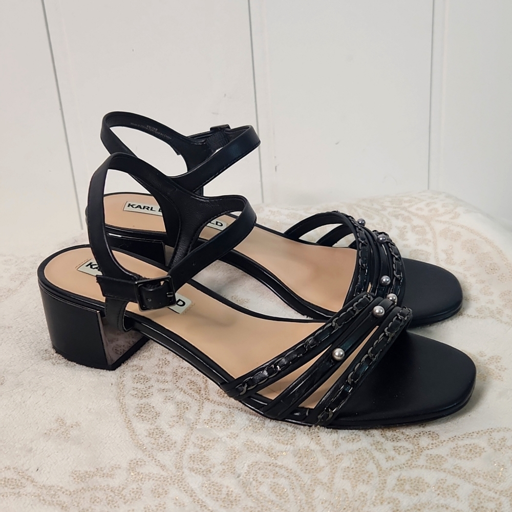 Karl Lagerfeld Paris Formal Black  strappy   open square toe block Kitten heels.